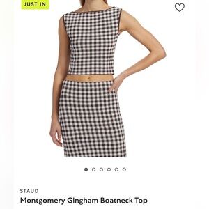 STAUD Brown and White Gingham Boatneck